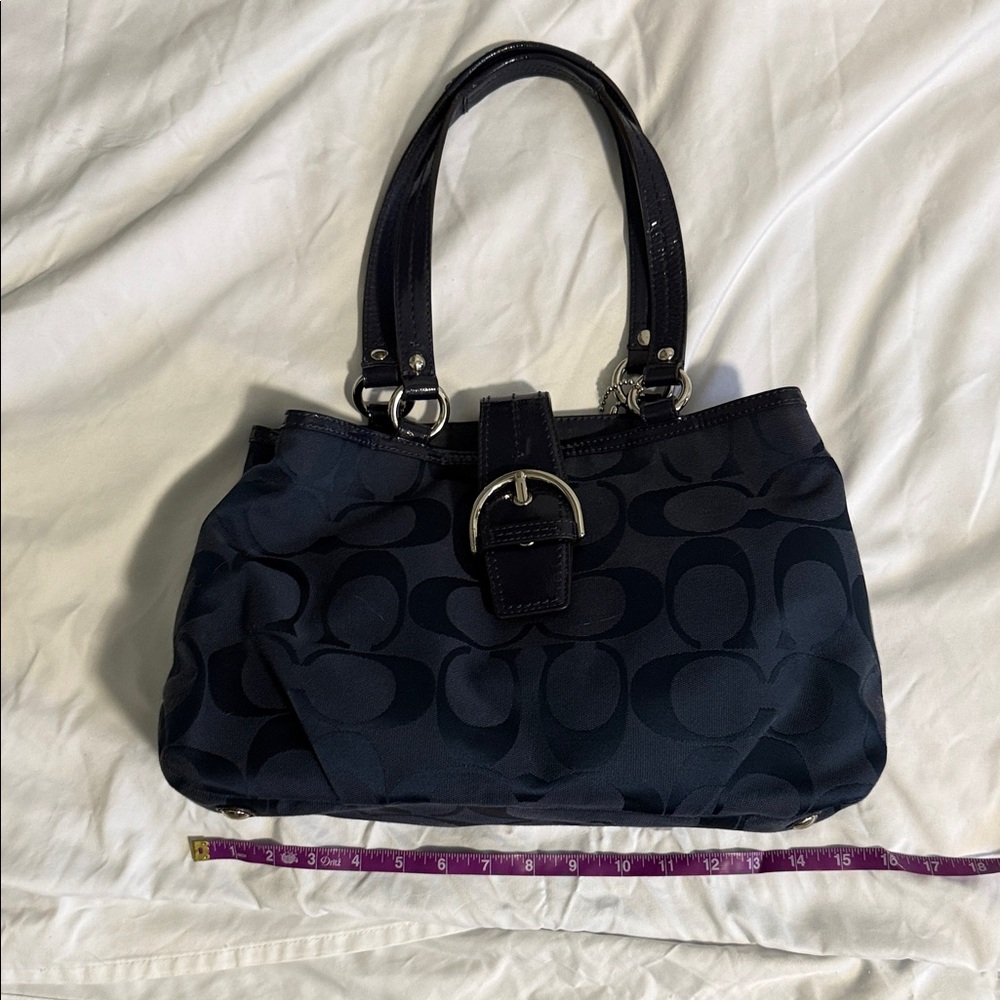 Coach Navy Signature Shoulder Bag with Buckle closure, silver hardware EUC